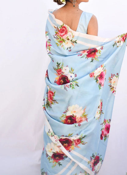 Light Blue Original Japan Devsena satin Saree Japan Satin Digital Print Blouse