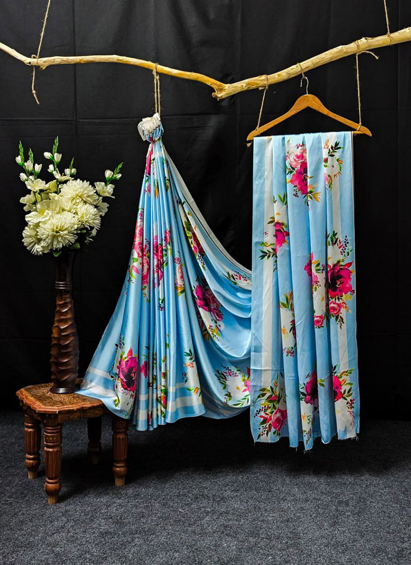 Light Blue Original Japan Devsena satin Saree Japan Satin Digital Print Blouse