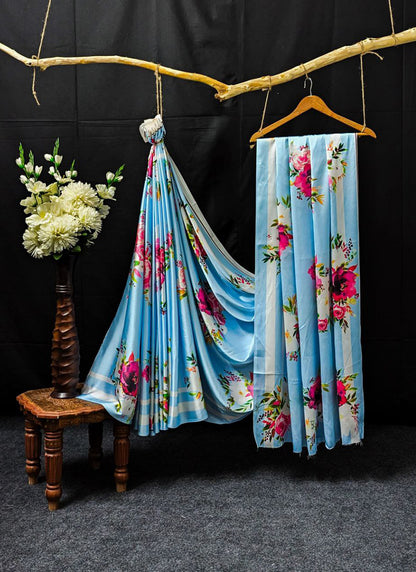 Light Blue Original Japan Devsena satin Saree Japan Satin Digital Print Blouse