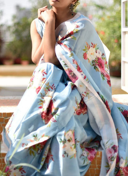 Light Blue Original Japan Devsena satin Saree Japan Satin Digital Print Blouse