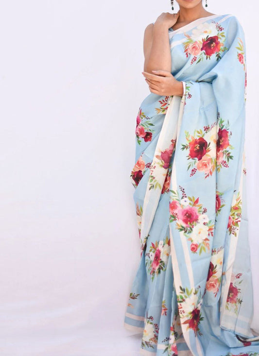 Light Blue Original Japan Devsena satin Saree Japan Satin Digital Print Blouse