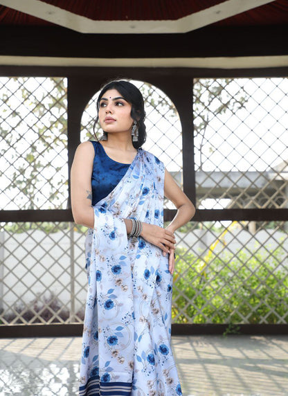 White Original Japan Devsena satin Saree Japan Satin Digital Print Blouse