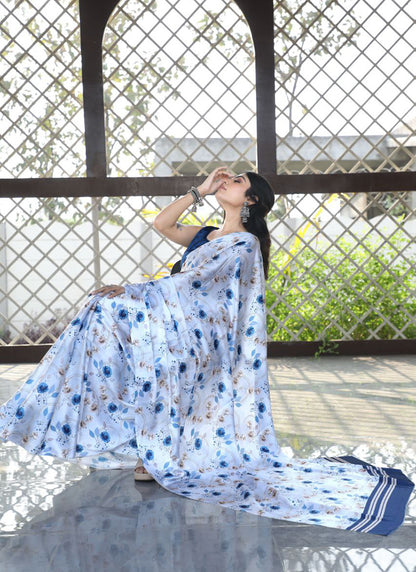 White Original Japan Devsena satin Saree Japan Satin Digital Print Blouse