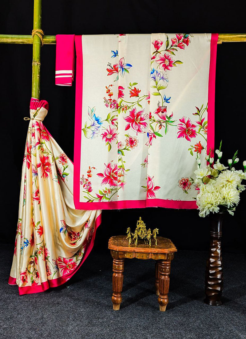 Off White Original Japan Devsena satin Saree Japan Satin Digital Print Blouse