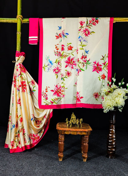 Off White Original Japan Devsena satin Saree Japan Satin Digital Print Blouse