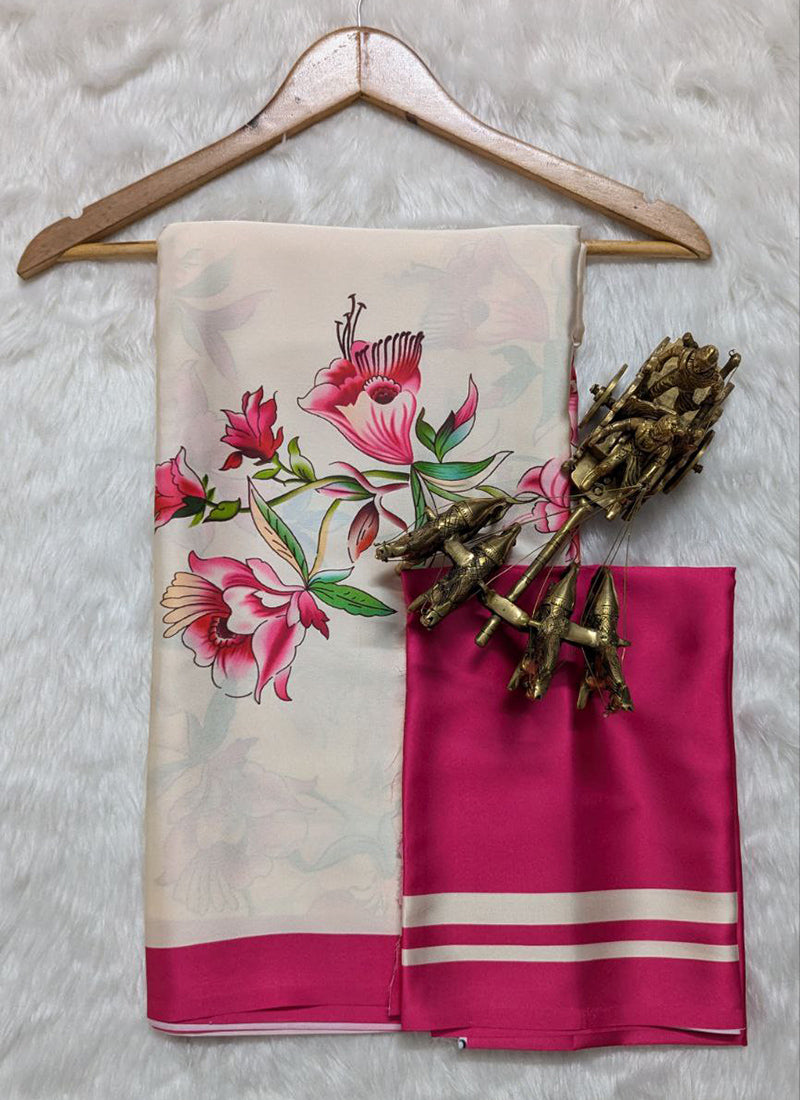 Off White Original Japan Devsena satin Saree Japan Satin Digital Print Blouse