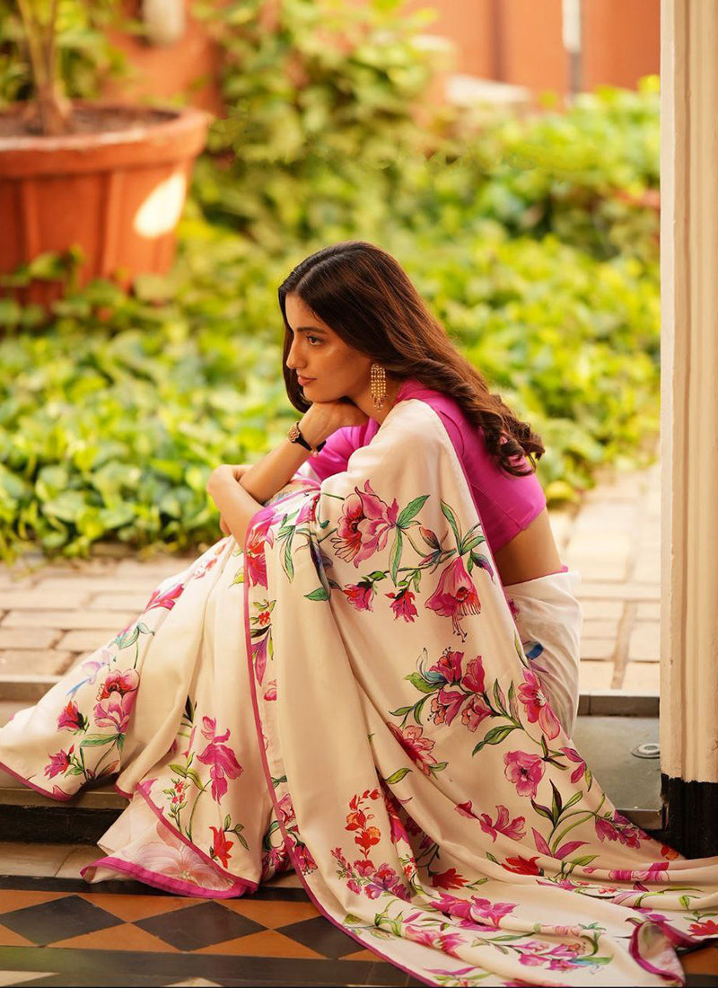 Off White Original Japan Devsena satin Saree Japan Satin Digital Print Blouse