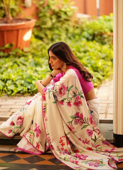 Off White Original Japan Devsena satin Saree Japan Satin Digital Print Blouse