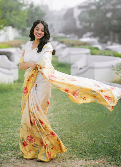 Off White Original Japan Devsena satin Saree Japan Satin Digital Print Blouse