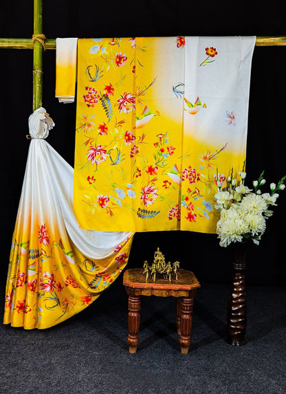 Off White Original Japan Devsena satin Saree Japan Satin Digital Print Blouse