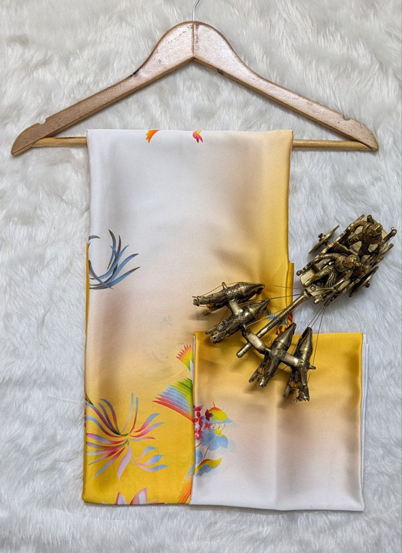 Off White Original Japan Devsena satin Saree Japan Satin Digital Print Blouse