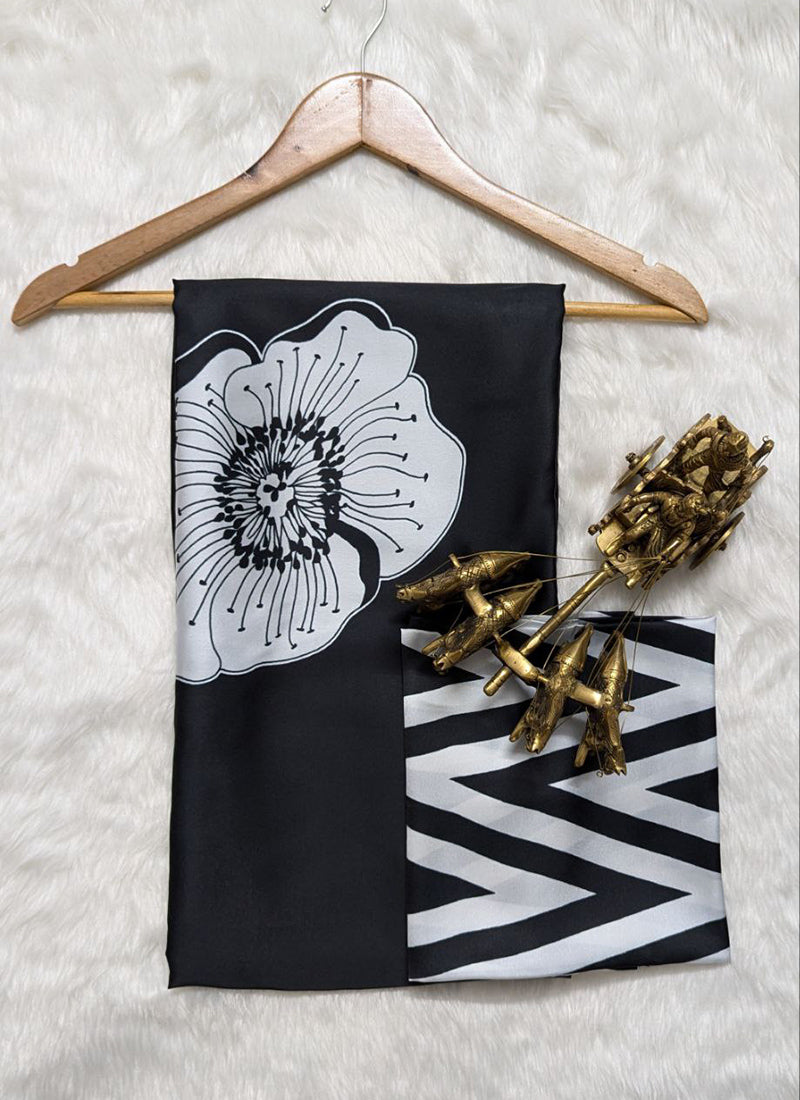 Black Original Japan Devsena satin Saree Japan Satin Digital Print Blouse