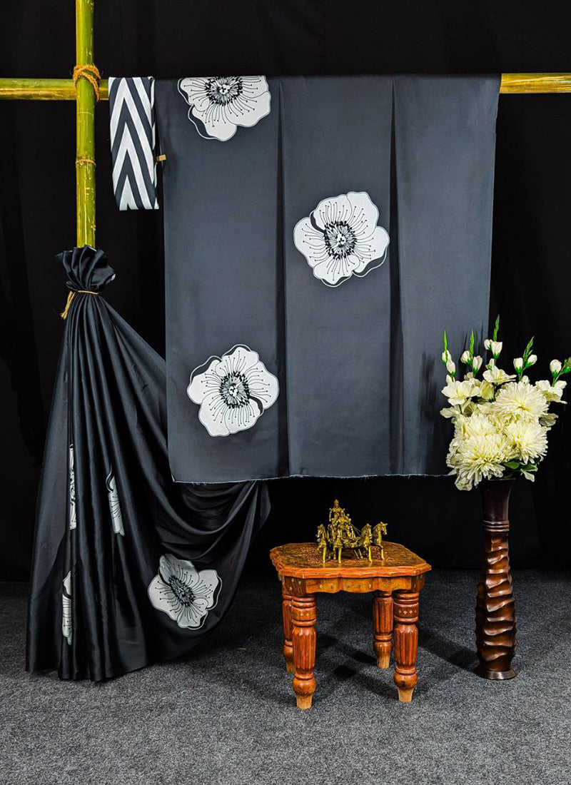 Black Original Japan Devsena satin Saree Japan Satin Digital Print Blouse