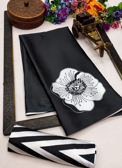 Black Original Japan Devsena satin Saree Japan Satin Digital Print Blouse