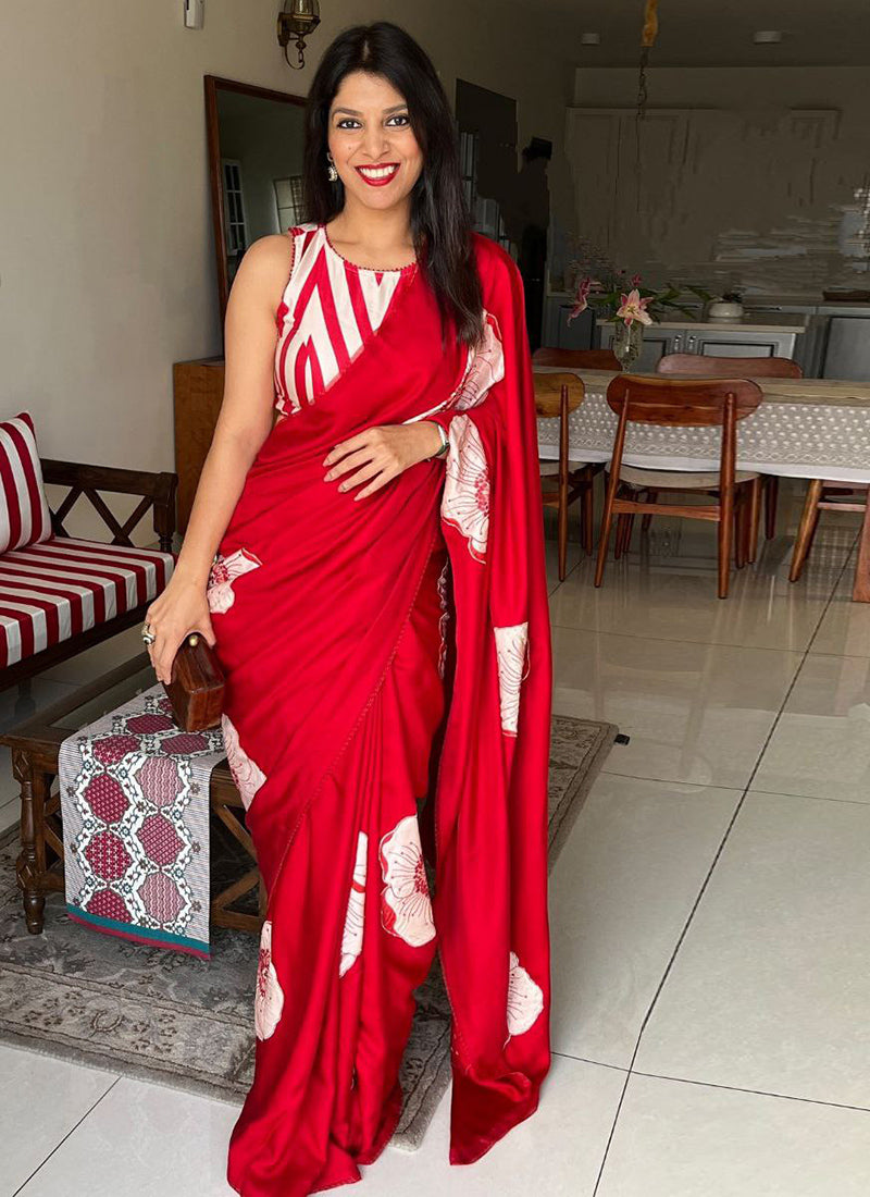 Red Original Japan Devsena satin Saree Japan Satin Digital Print Blouse