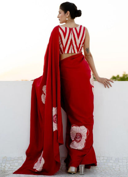 Red Original Japan Devsena satin Saree Japan Satin Digital Print Blouse