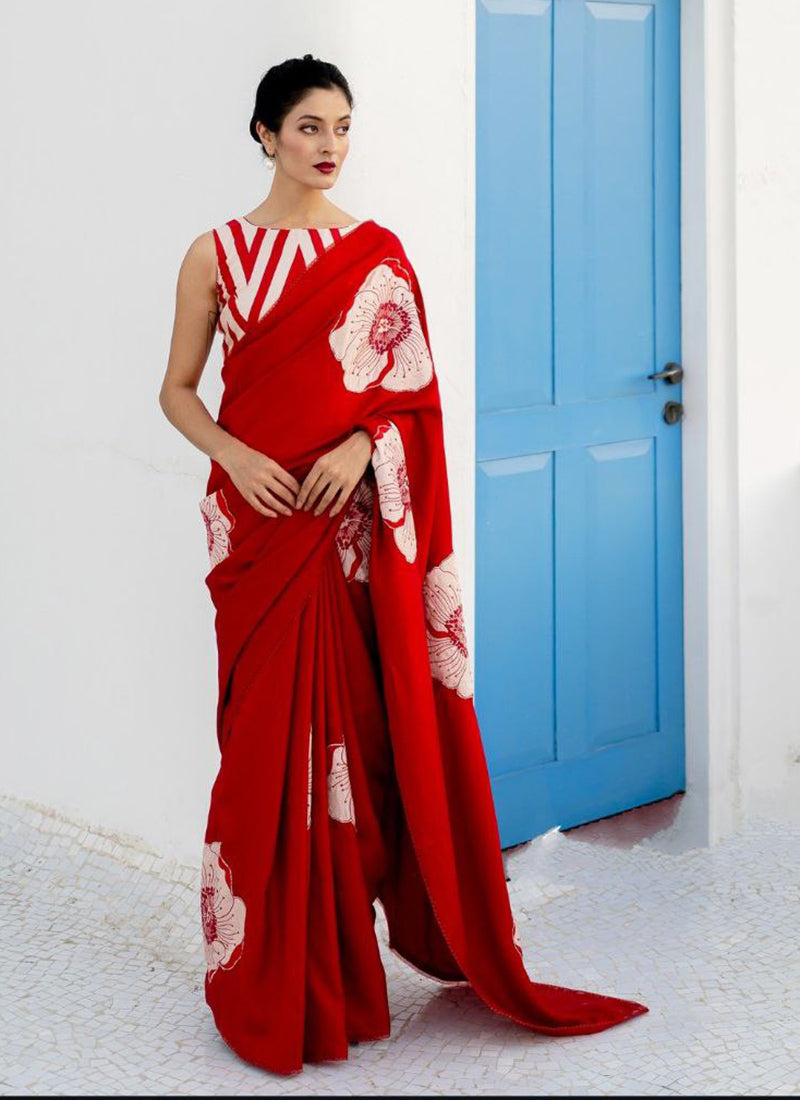 Red Original Japan Devsena satin Saree Japan Satin Digital Print Blouse