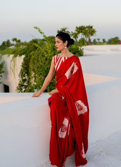 Red Original Japan Devsena satin Saree Japan Satin Digital Print Blouse