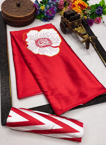 Red Original Japan Devsena satin Saree Japan Satin Digital Print Blouse