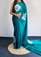 Teal Blue Original Japan Devsena satin Saree Japan Satin Digital Print Blouse