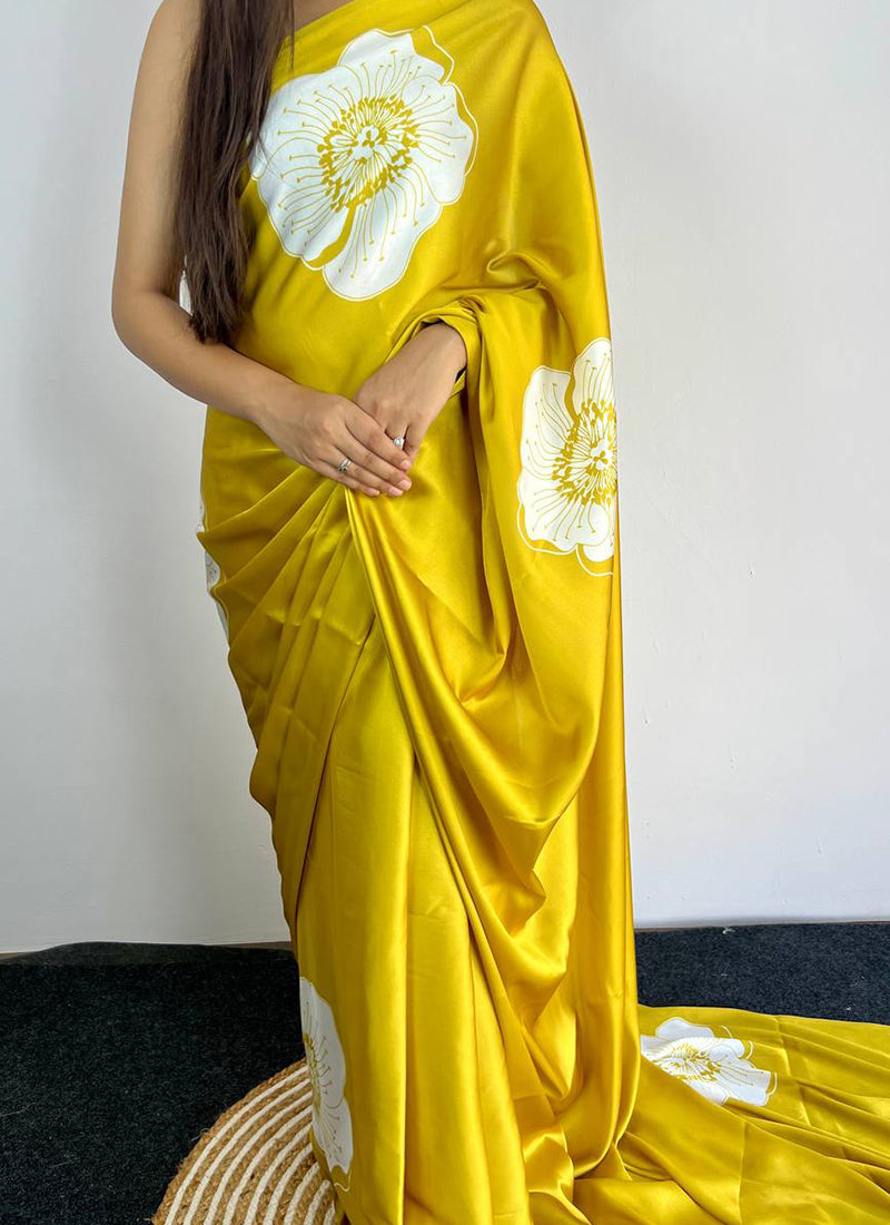 Lime Original Japan Devsena satin Saree Japan Satin Digital Print Blouse