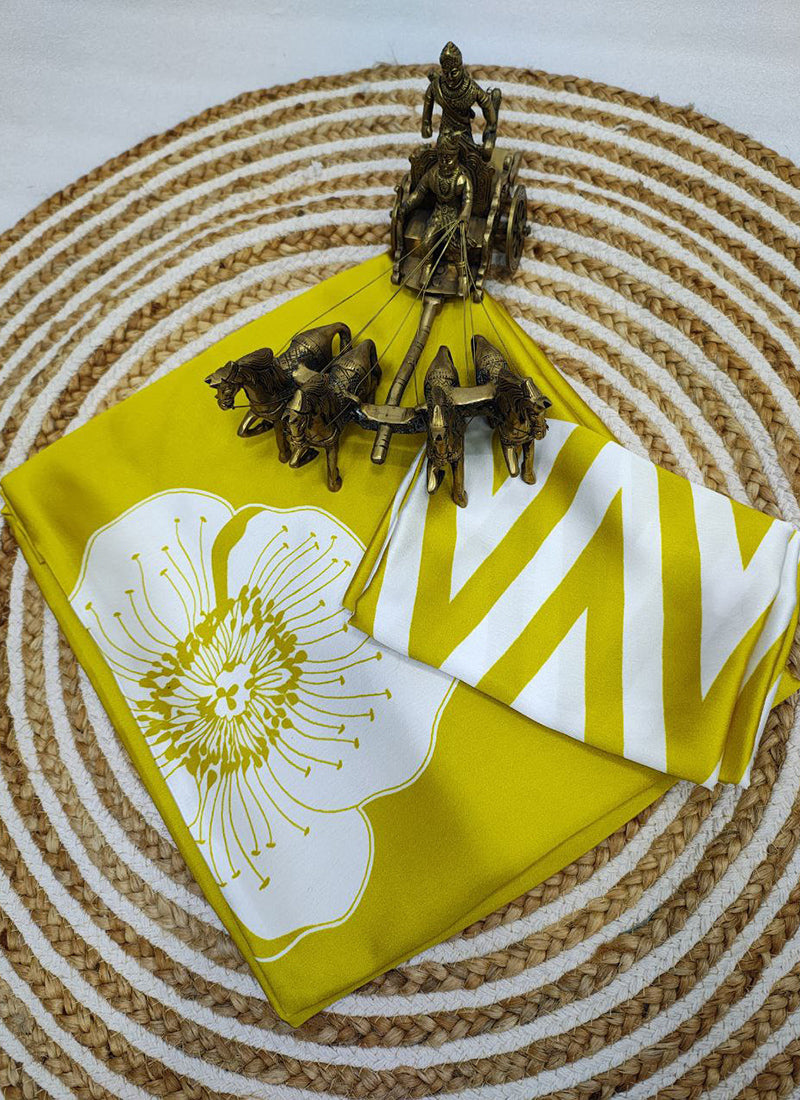 Lime Original Japan Devsena satin Saree Japan Satin Digital Print Blouse