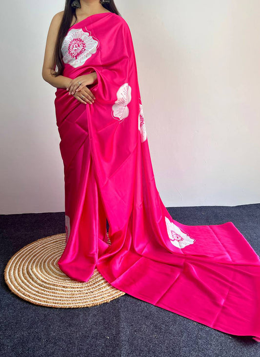 Rani Pink Original Japan Devsena satin Saree Japan Satin Digital Print Blouse