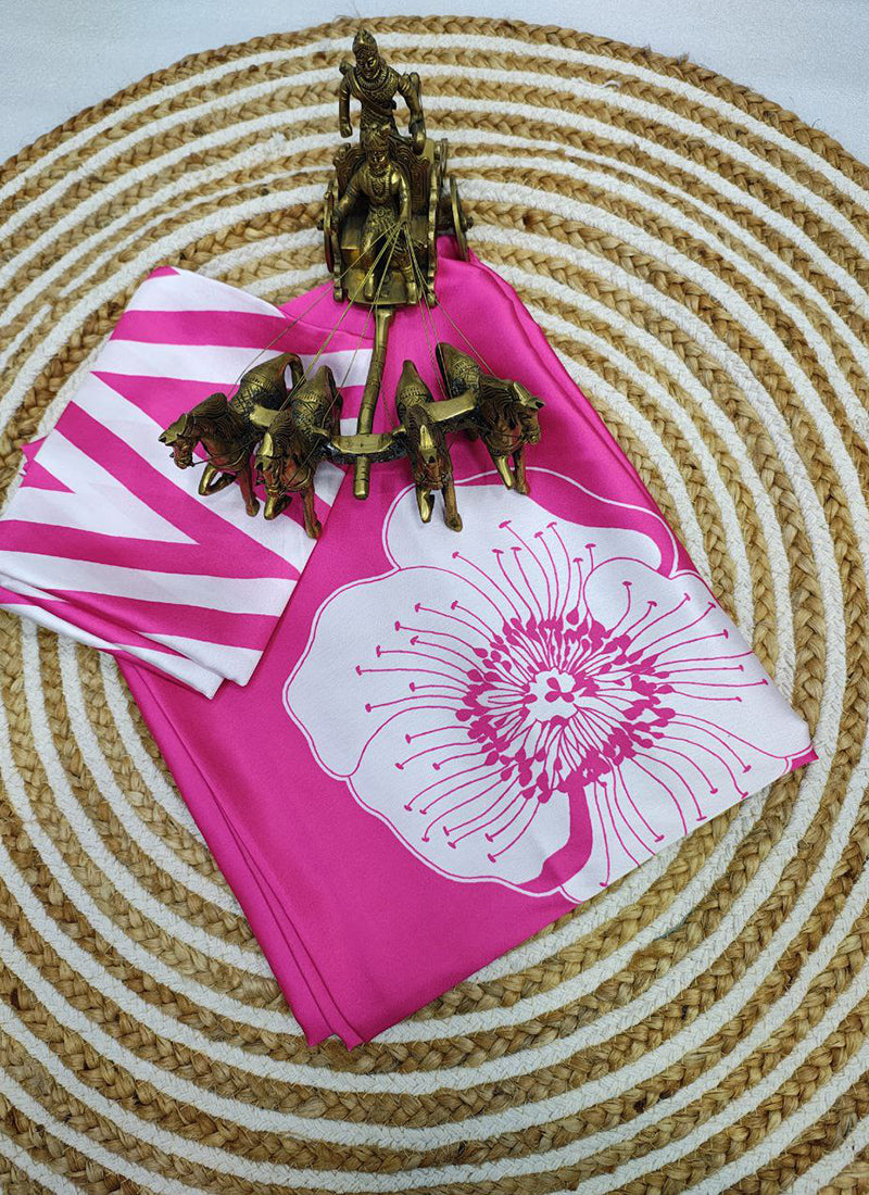 Rani Pink Original Japan Devsena satin Saree Japan Satin Digital Print Blouse