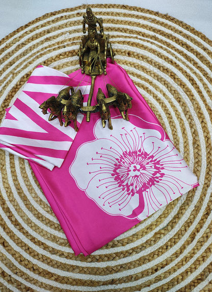 Rani Pink Original Japan Devsena satin Saree Japan Satin Digital Print Blouse