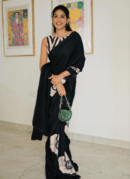 Black Original Japan Devsena satin Saree Japan Satin Digital Print Blouse