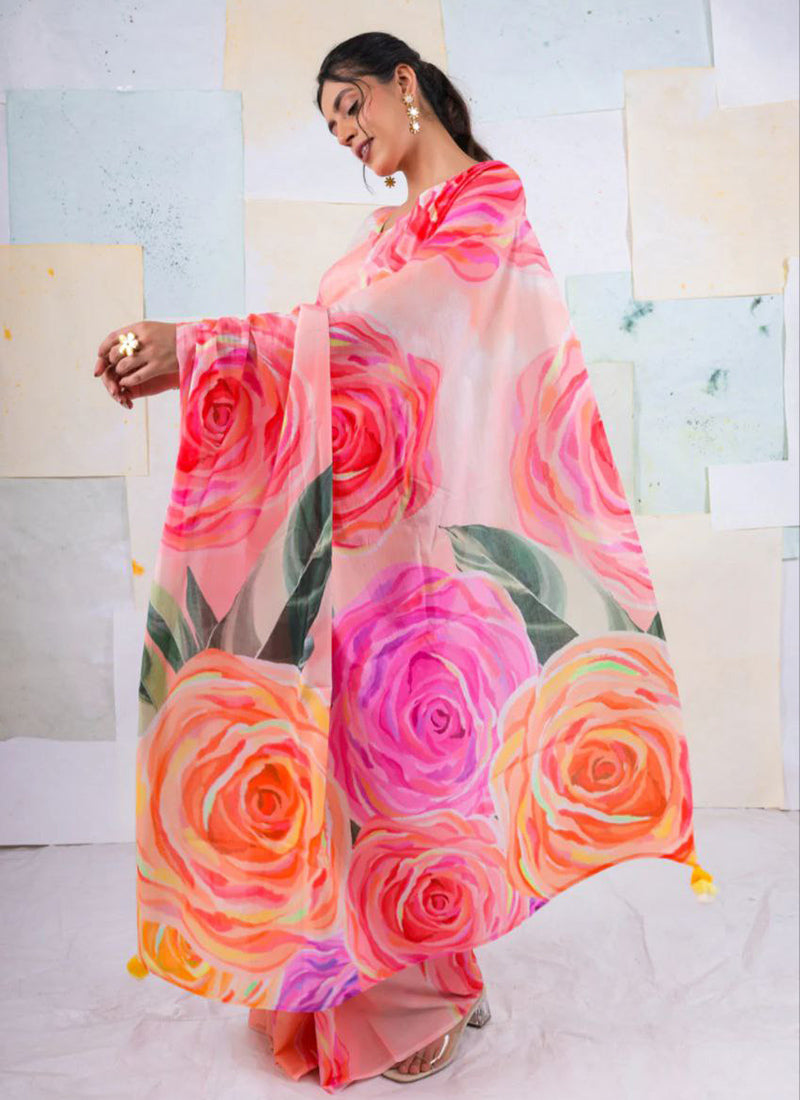 Multicolor Original Japan Devsena satin Saree Japan Satin Digital Print Blouse