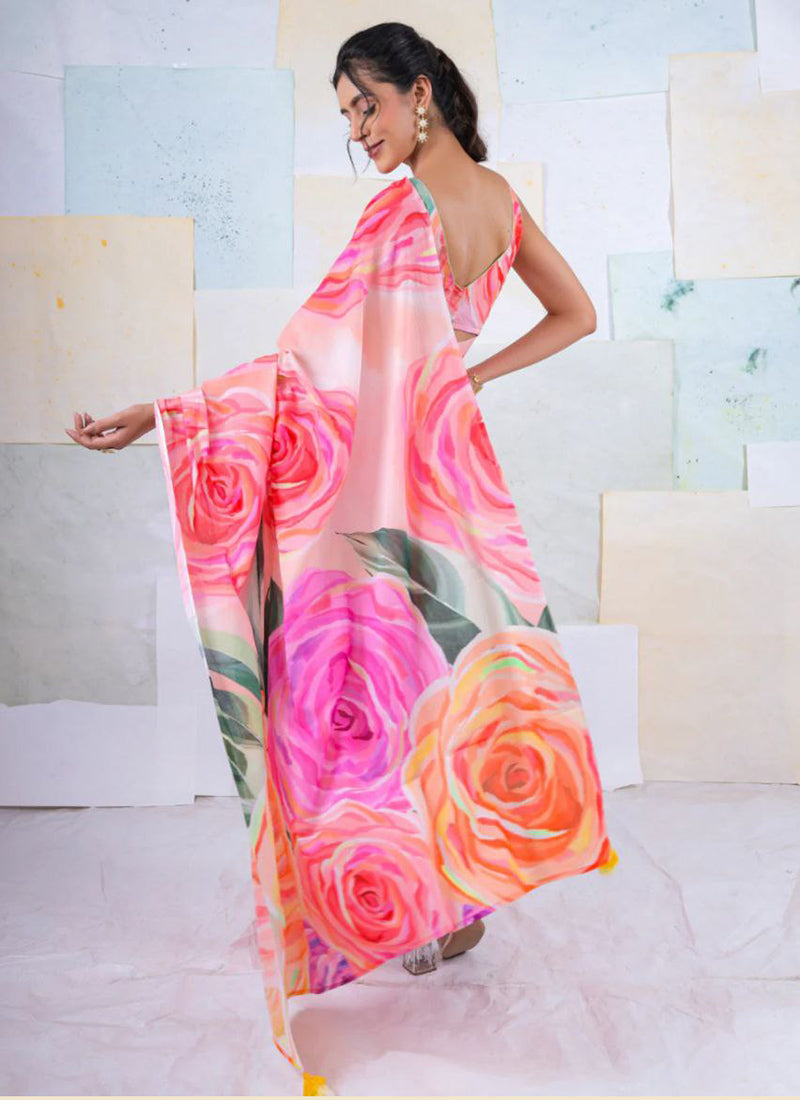 Multicolor Original Japan Devsena satin Saree Japan Satin Digital Print Blouse