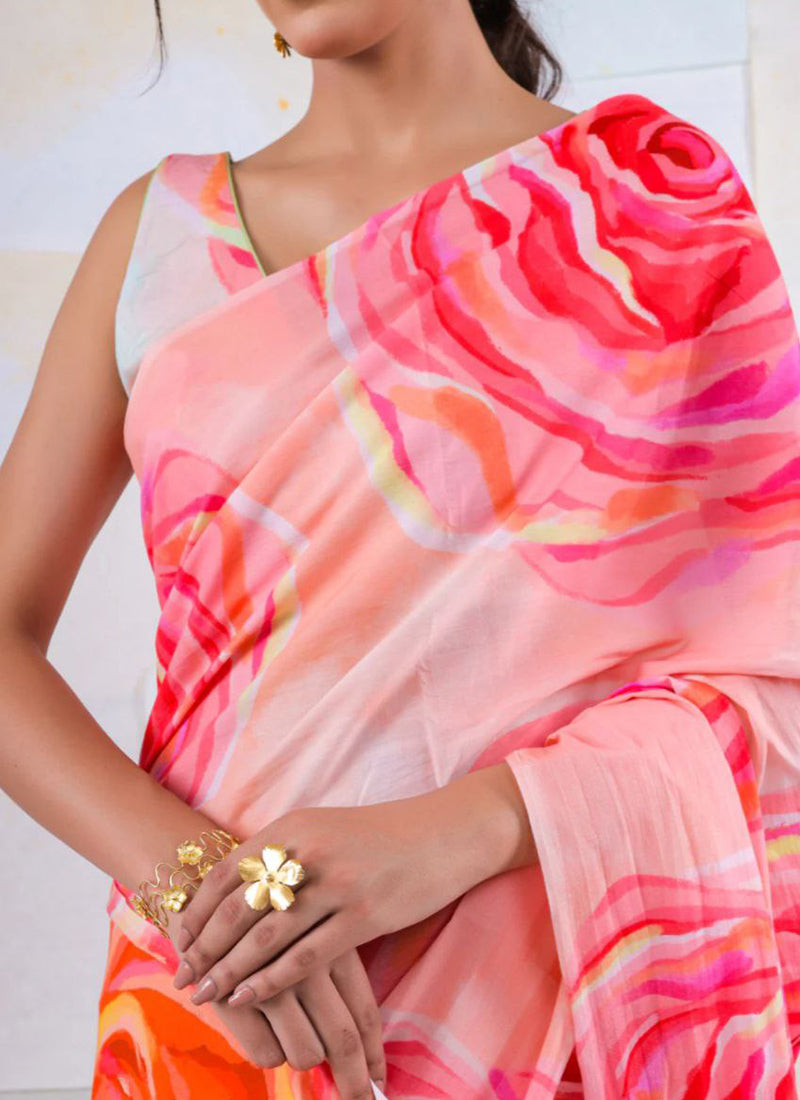 Multicolor Original Japan Devsena satin Saree Japan Satin Digital Print Blouse