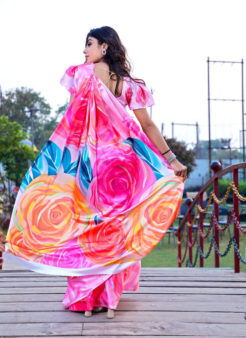 Multicolor Original Japan Devsena satin Saree Japan Satin Digital Print Blouse