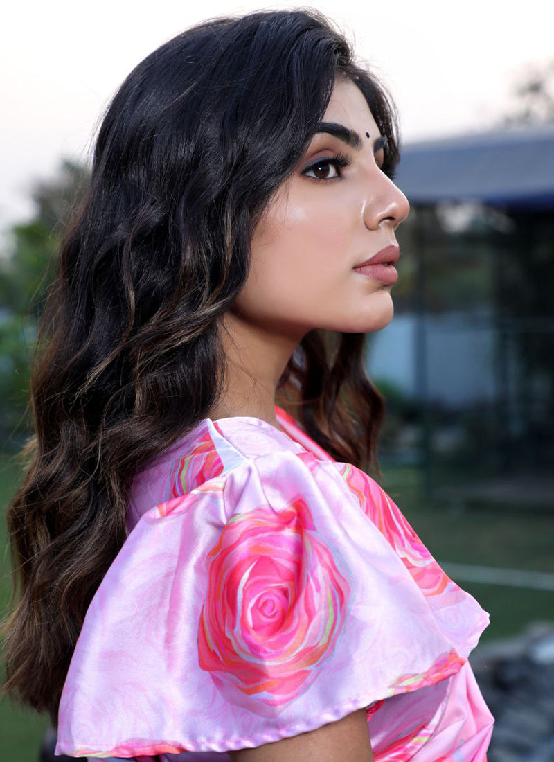 Multicolor Original Japan Devsena satin Saree Japan Satin Digital Print Blouse