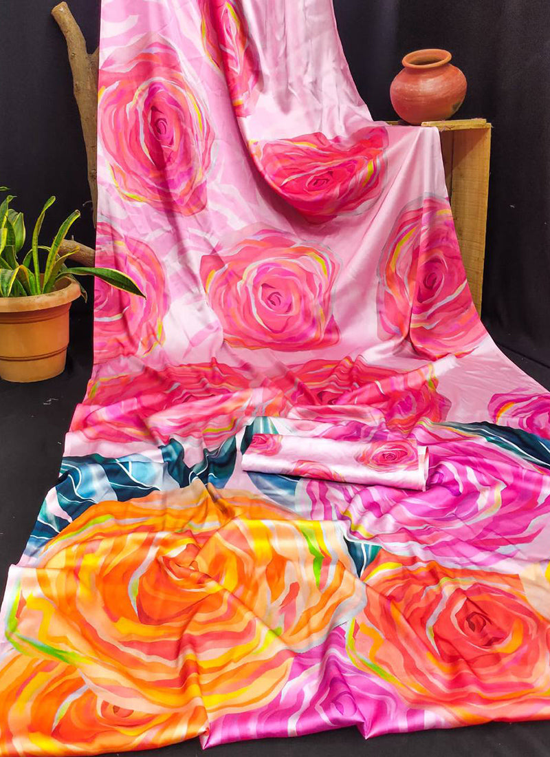 Multicolor Original Japan Devsena satin Saree Japan Satin Digital Print Blouse