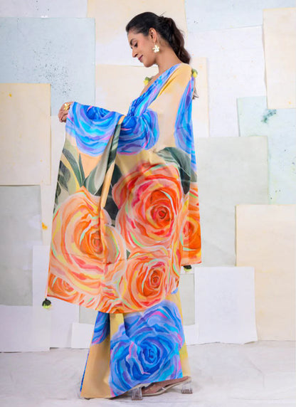 Multicolor Original Japan Devsena satin Saree Japan Satin Digital Print Blouse