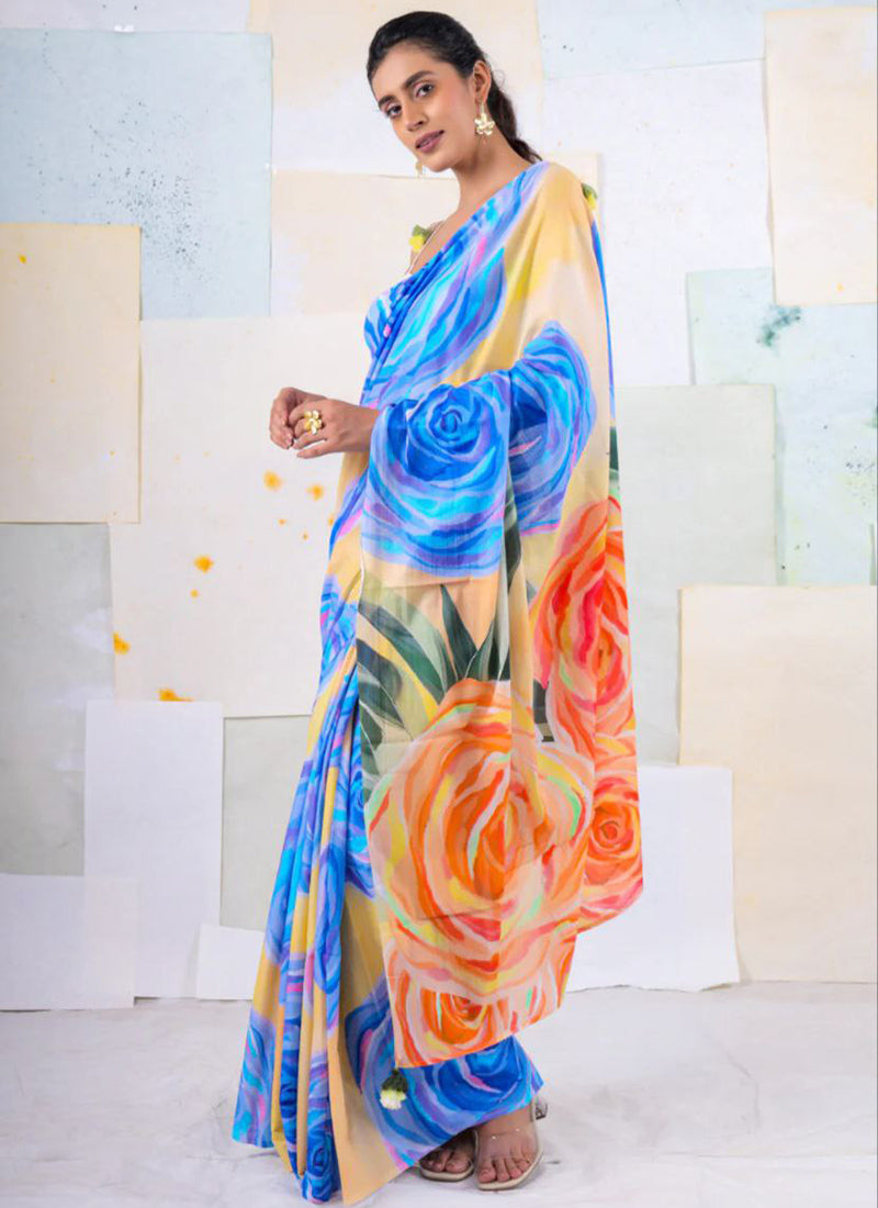 Multicolor Original Japan Devsena satin Saree Japan Satin Digital Print Blouse