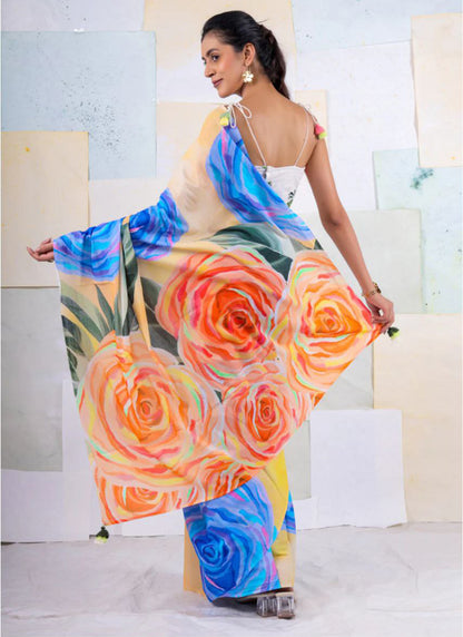 Multicolor Original Japan Devsena satin Saree Japan Satin Digital Print Blouse