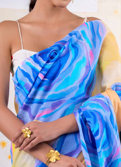 Multicolor Original Japan Devsena satin Saree Japan Satin Digital Print Blouse