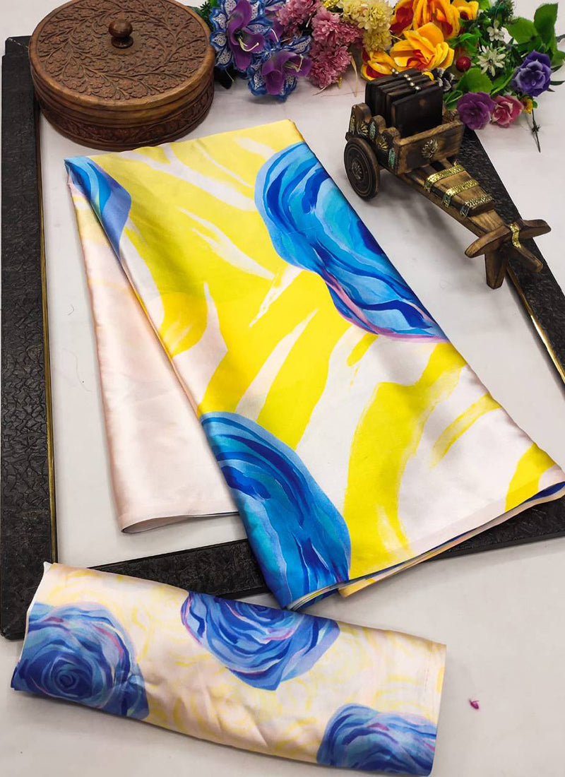 Multicolor Original Japan Devsena satin Saree Japan Satin Digital Print Blouse