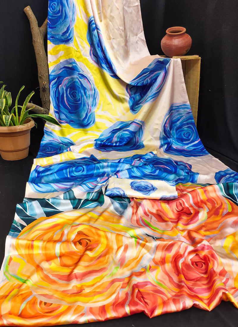 Multicolor Original Japan Devsena satin Saree Japan Satin Digital Print Blouse