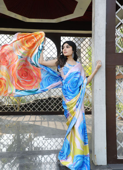 Multicolor Original Japan Devsena satin Saree Japan Satin Digital Print Blouse