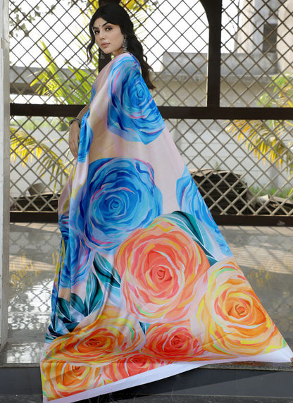 Multicolor Original Japan Devsena satin Saree Japan Satin Digital Print Blouse