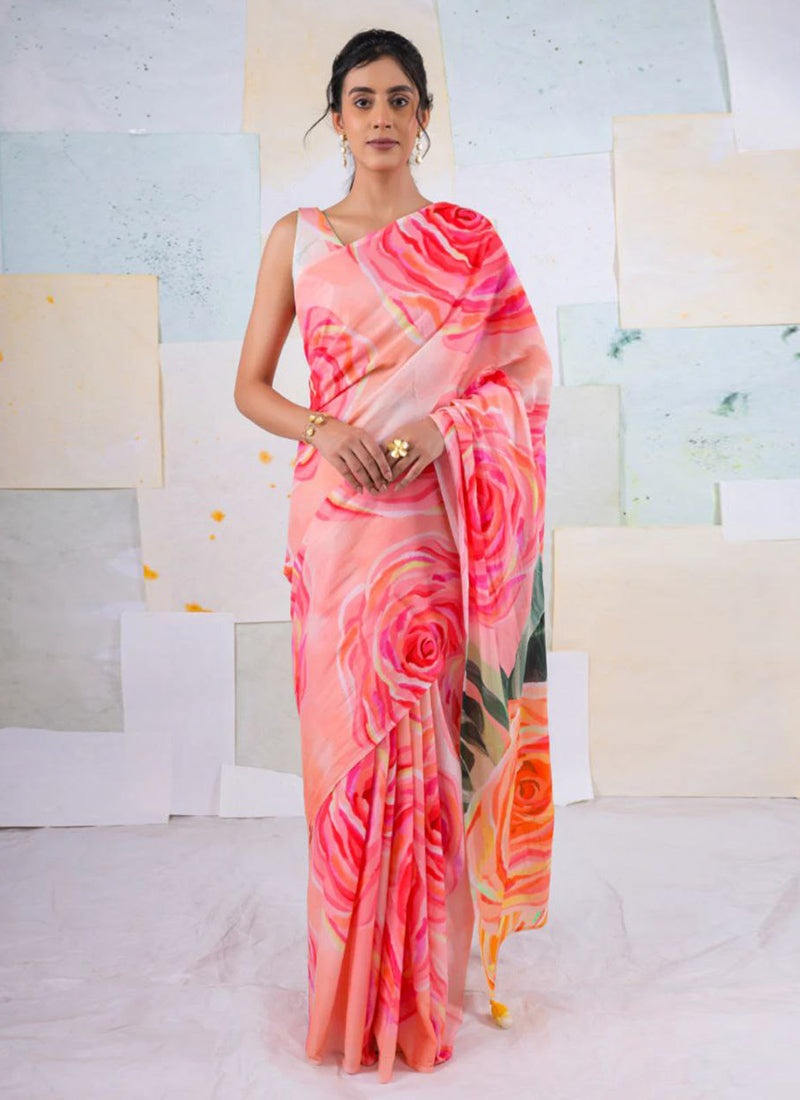 Multicolor Original Japan Devsena satin Saree Japan Satin Digital Print Blouse