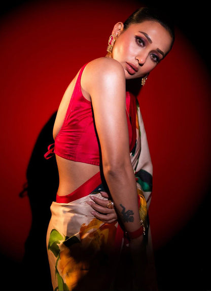 Off White Original Japan Devsena satin Saree Japan Satin Digital Print Blouse