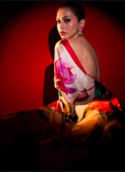 Off White Original Japan Devsena satin Saree Japan Satin Digital Print Blouse