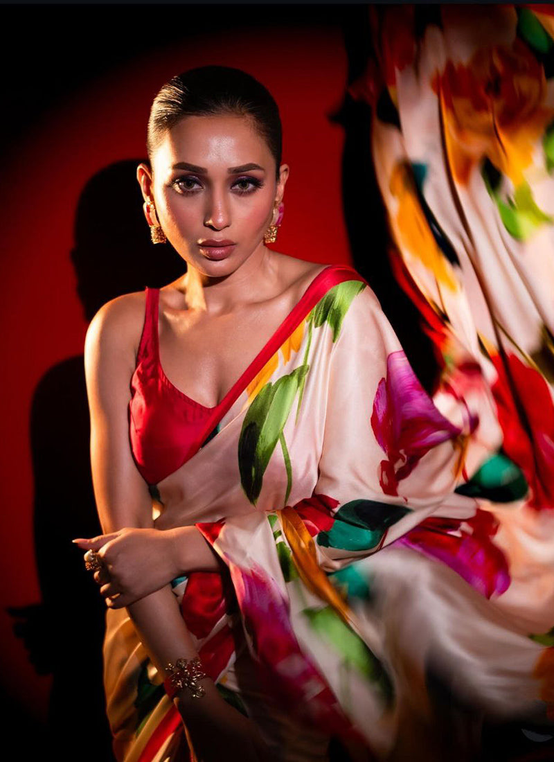 Off White Original Japan Devsena satin Saree Japan Satin Digital Print Blouse