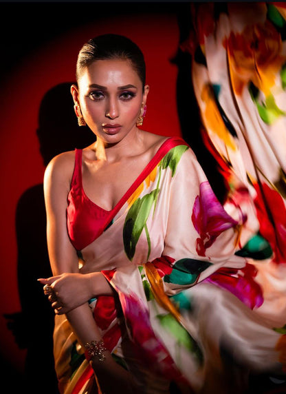 Off White Original Japan Devsena satin Saree Japan Satin Digital Print Blouse