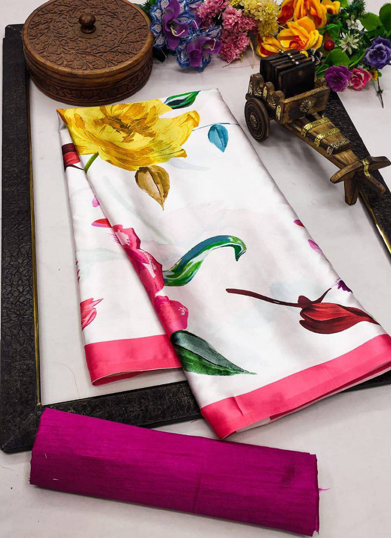 Off White Original Japan Devsena satin Saree Japan Satin Digital Print Blouse